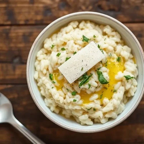 Creamy risotto served in a white bowl with melted butter, parmesan cheese, and fresh herbs, garnished elegantly with a parmes