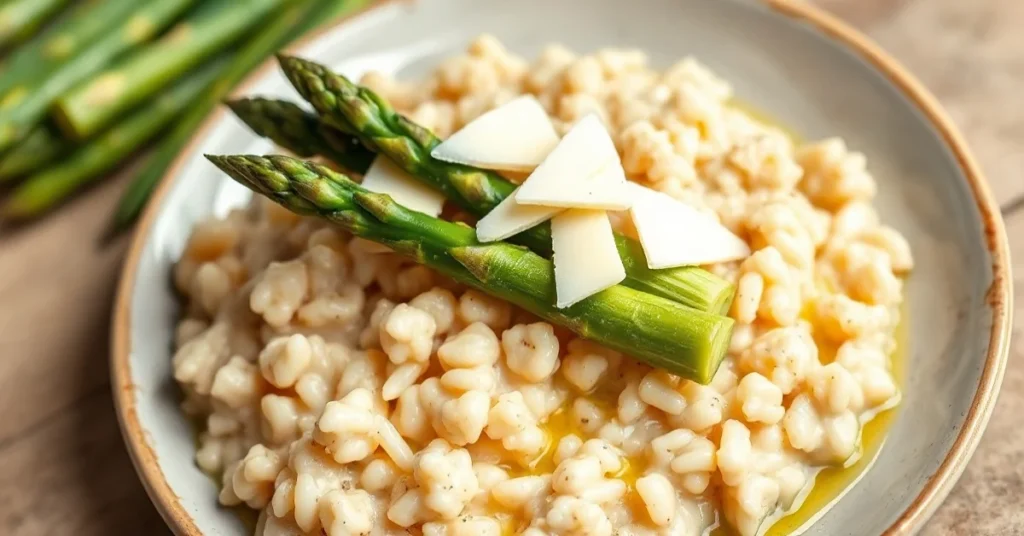 Creamy risotto with fresh green asparagus tips on top, garnished with parmesan cheese and olive oil, spring elegant plating,