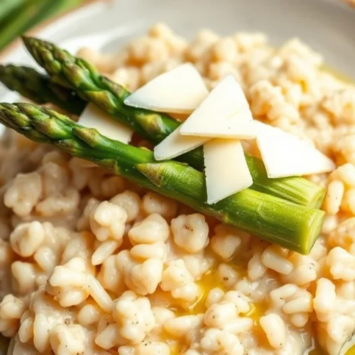 Creamy risotto with fresh green asparagus tips on top, garnished with parmesan cheese and olive oil, spring elegant plating,