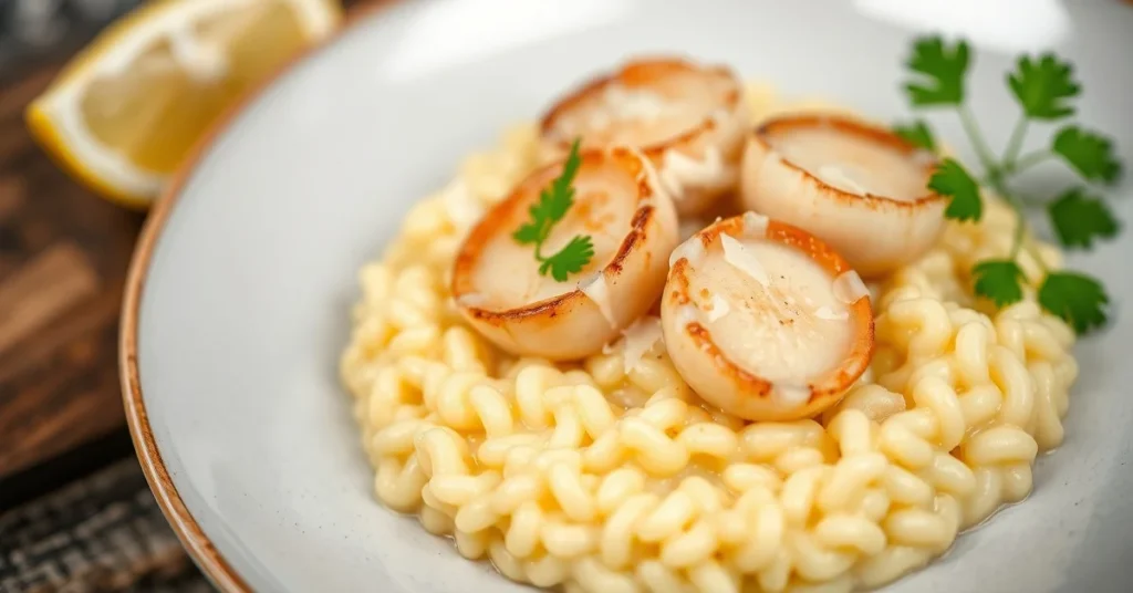 Creamy risotto with fresh scallops garnished with parmesan, fresh parsley, lemon, elegant plating, luxury restaurant dish, go