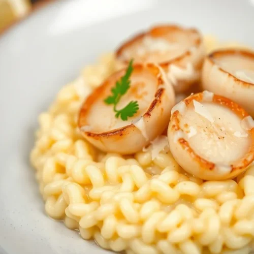 Creamy risotto with fresh scallops garnished with parmesan, fresh parsley, lemon, elegant plating, luxury restaurant dish, go