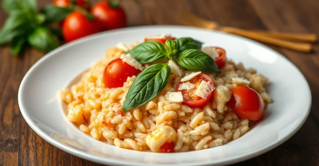 Creamy risotto with fresh tomatoes garnished with basil and parmesan cheese on white plate, warm lighting, food photography p