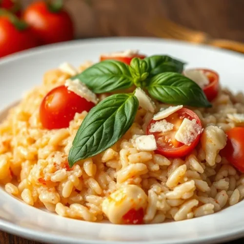 Creamy risotto with fresh tomatoes garnished with basil and parmesan cheese on white plate, warm lighting, food photography p