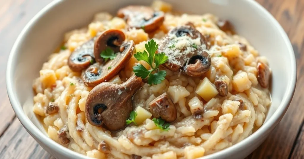Creamy risotto with leeks and mushrooms served in white bowl, garnished with fresh parsley and grated parmesan, Italian gourm
