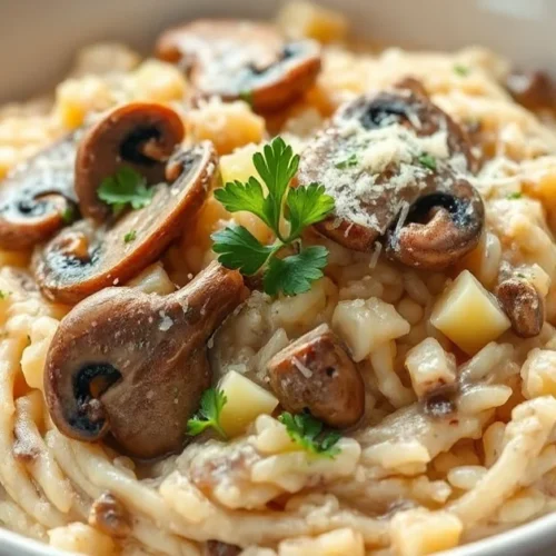 Creamy risotto with leeks and mushrooms served in white bowl, garnished with fresh parsley and grated parmesan, Italian gourm