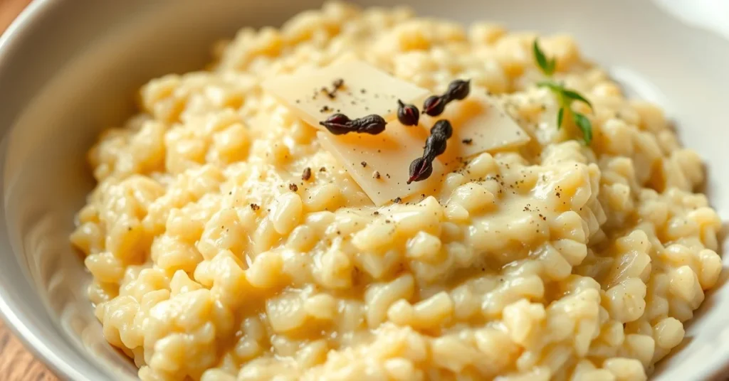 Creamy risotto with melted parmesan cheese, garnished with fresh black pepper, served in elegant white bowl, Italian classica