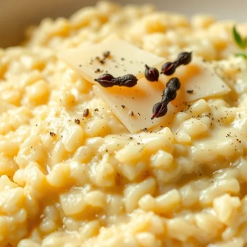 Creamy risotto with melted parmesan cheese, garnished with fresh black pepper, served in elegant white bowl, Italian classica