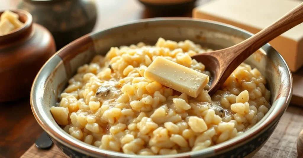 Creamy risotto with Parmesan cheese, butter, wooden spoon, served in rustic Italian setting, warm golden lighting