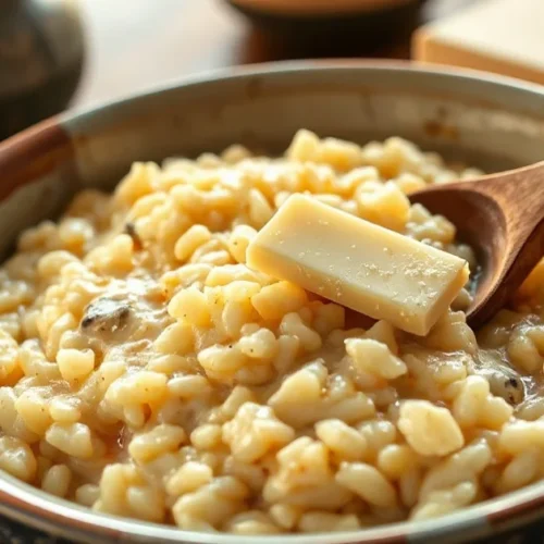 Creamy risotto with Parmesan cheese, butter, wooden spoon, served in rustic Italian setting, warm golden lighting