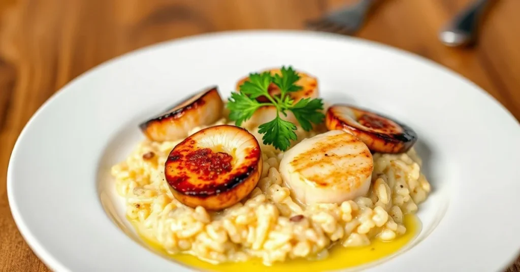 Creamy risotto with seared scallops and chorizo slices, garnished with fresh parsley and drizzled with olive oil on elegant w