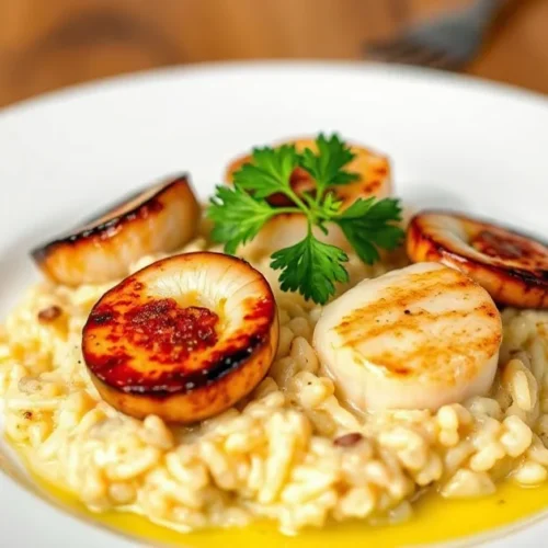 Creamy risotto with seared scallops and chorizo slices, garnished with fresh parsley and drizzled with olive oil on elegant w