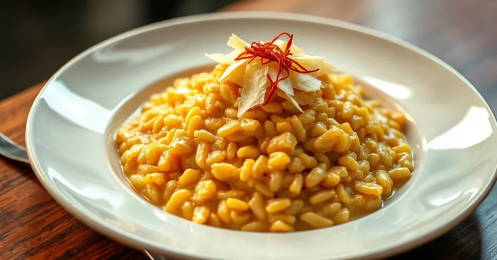 Creamy saffron risotto served on a white ceramic plate, garnished with fresh parmesan shavings and saffron threads, professio