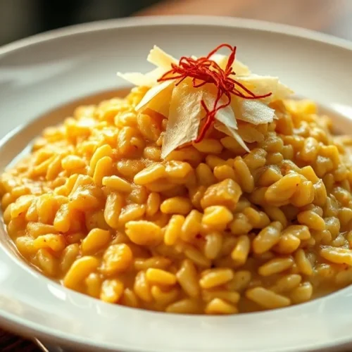 Creamy saffron risotto served on a white ceramic plate, garnished with fresh parmesan shavings and saffron threads, professio