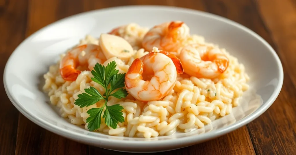 Creamy shrimp risotto plated elegantly with fresh parsley garnish, butter and parmesan, professional food photography