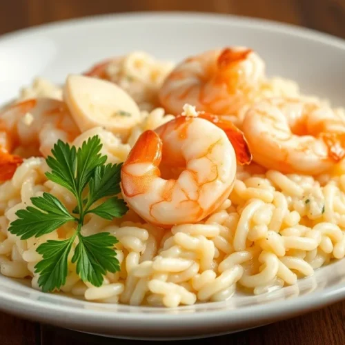 Creamy shrimp risotto plated elegantly with fresh parsley garnish, butter and parmesan, professional food photography