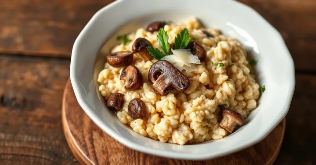 Creamy spelt risotto with sautéed mushrooms, garnished with fresh parsley and parmesan cheese, served in elegant white bowl