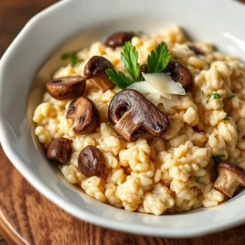 Creamy spelt risotto with sautéed mushrooms, garnished with fresh parsley and parmesan cheese, served in elegant white bowl