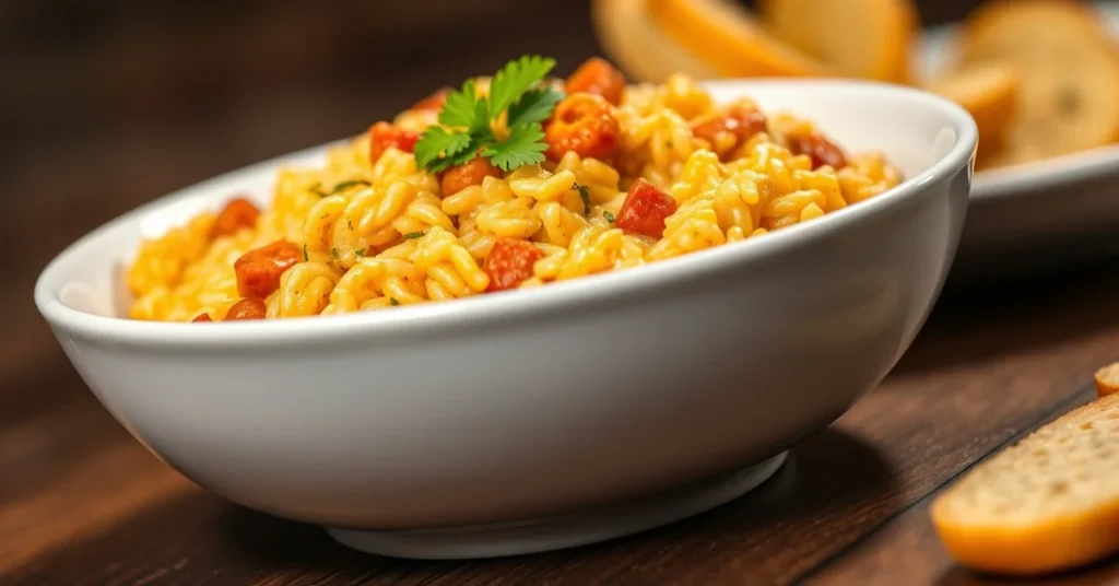 Creamy spicy chorizo risotto in white bowl, garnished with fresh parsley, warm lighting, professional food photography, Itali