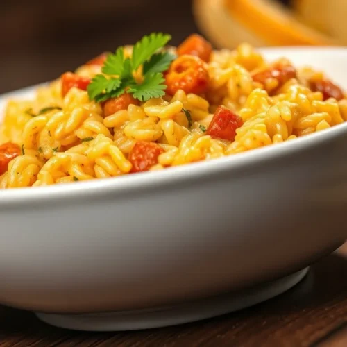 Creamy spicy chorizo risotto in white bowl, garnished with fresh parsley, warm lighting, professional food photography, Itali