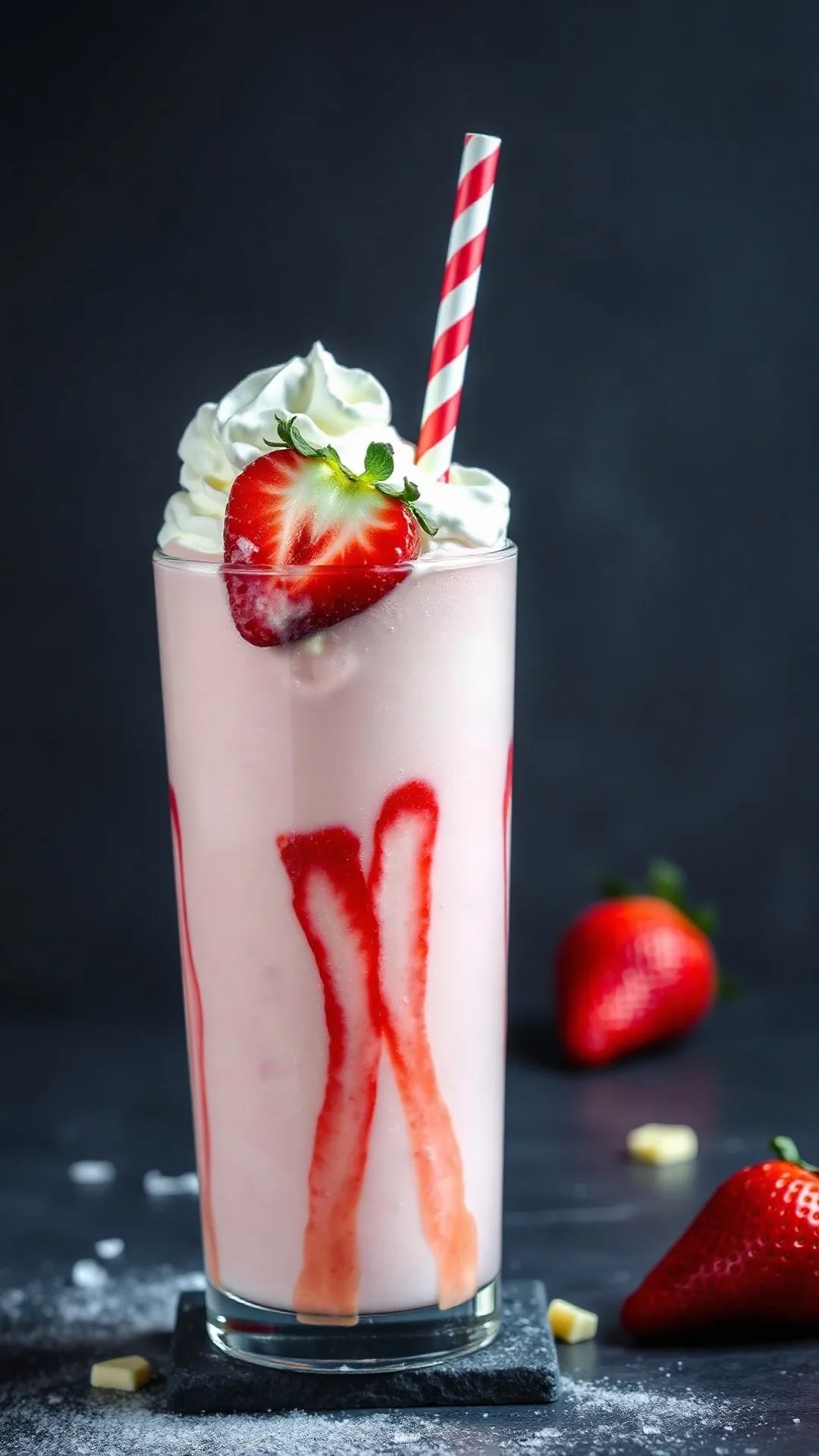 Creamy strawberry milkshake in tall glass with white chocolate, topped with fresh strawberries and whipped cream, cold conden