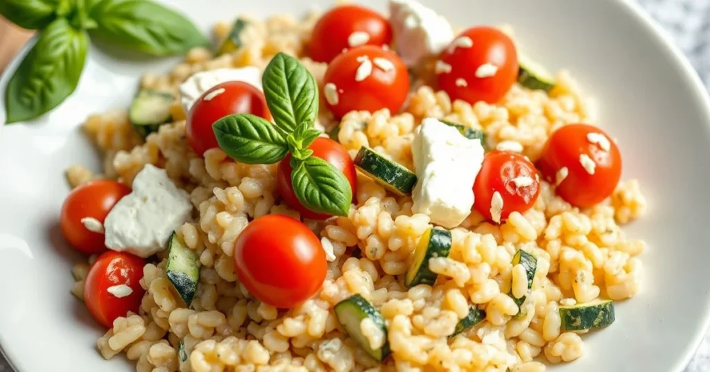 Creamy summer risotto with fresh zucchini, cherry tomatoes, goat cheese, and basil leaves garnish, light Mediterranean summer