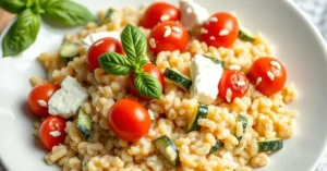 Creamy summer risotto with fresh zucchini, cherry tomatoes, goat cheese, and basil leaves garnish, light Mediterranean summer
