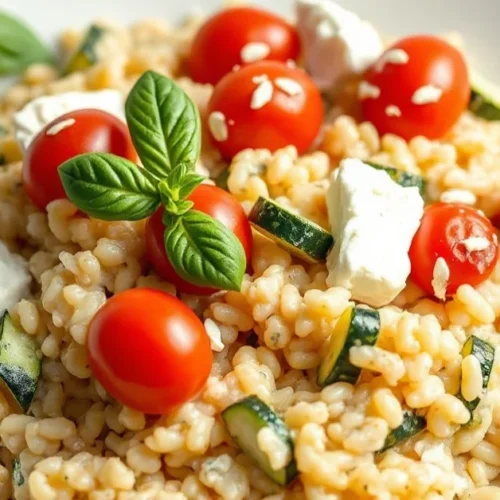 Creamy summer risotto with fresh zucchini, cherry tomatoes, goat cheese, and basil leaves garnish, light Mediterranean summer