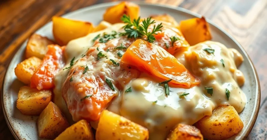 Creamy tartiflette with salmon, melted Reblochon cheese, golden potatoes, rich and inviting comfort food dish
