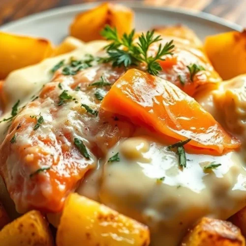 Creamy tartiflette with salmon, melted Reblochon cheese, golden potatoes, rich and inviting comfort food dish