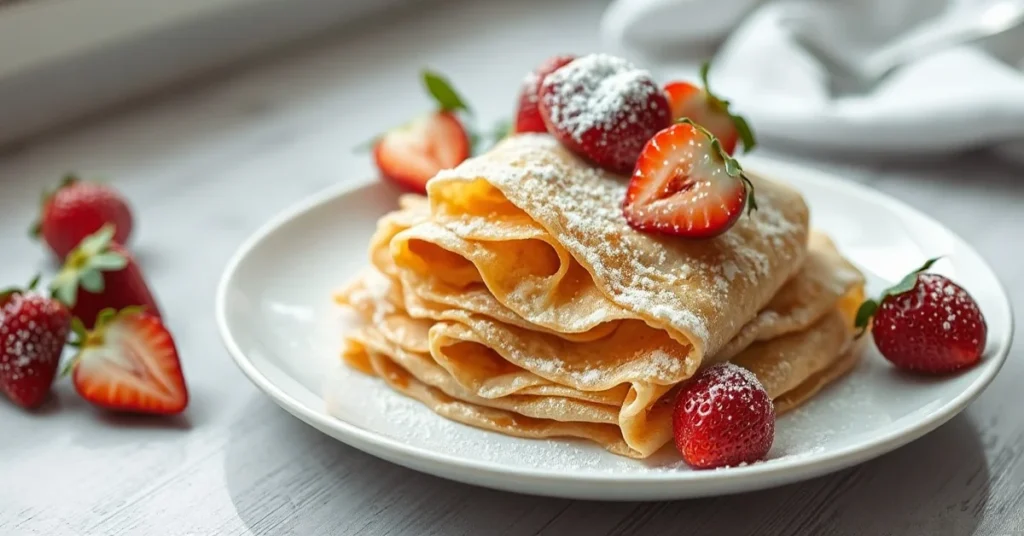 Delicate golden French crêpes stacked elegantly on white plate, garnished with fresh strawberries and dusted powdered sugar,