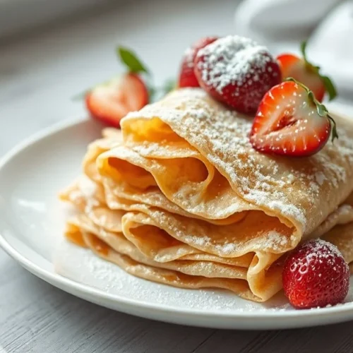 Delicate golden French crêpes stacked elegantly on white plate, garnished with fresh strawberries and dusted powdered sugar,