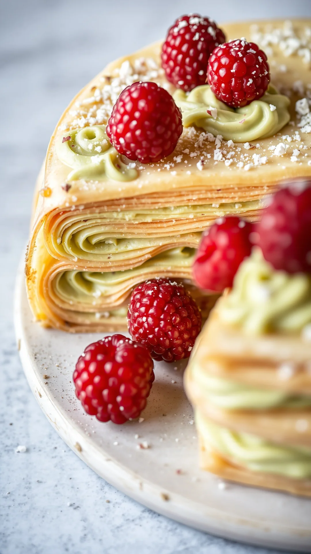 Delicate pistachio raspberry crepe cake with green cream filling, fresh raspberries, gourmet portrait close-up, haute cuisine