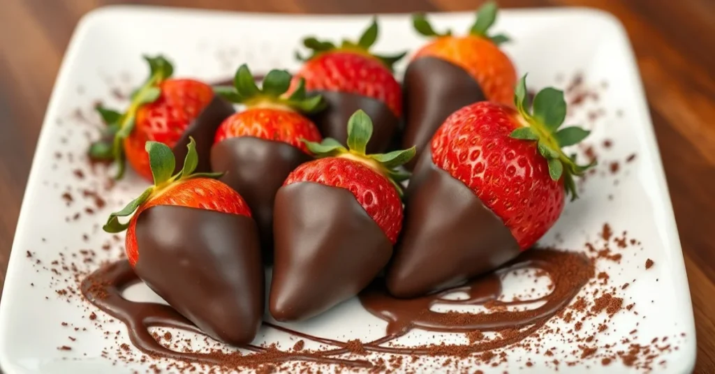 Delicious fresh strawberries dipped in rich dark chocolate, elegantly arranged on white plate with cocoa powder drizzle and c