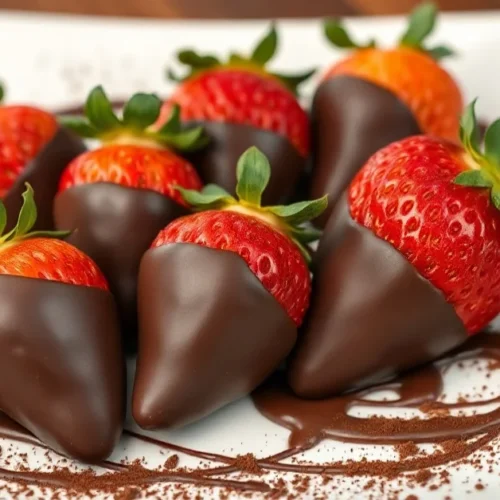 Delicious fresh strawberries dipped in rich dark chocolate, elegantly arranged on white plate with cocoa powder drizzle and c
