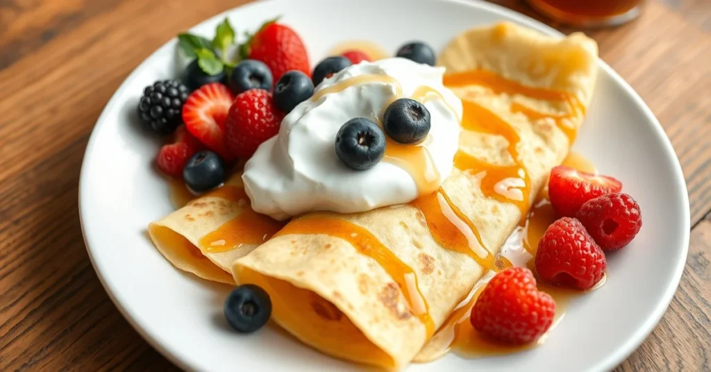 Delicious homemade crepes without sugar served on white plate with fresh berries, yogurt, and honey drizzle on wooden table,