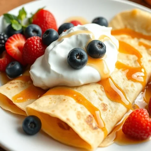 Delicious homemade crepes without sugar served on white plate with fresh berries, yogurt, and honey drizzle on wooden table,