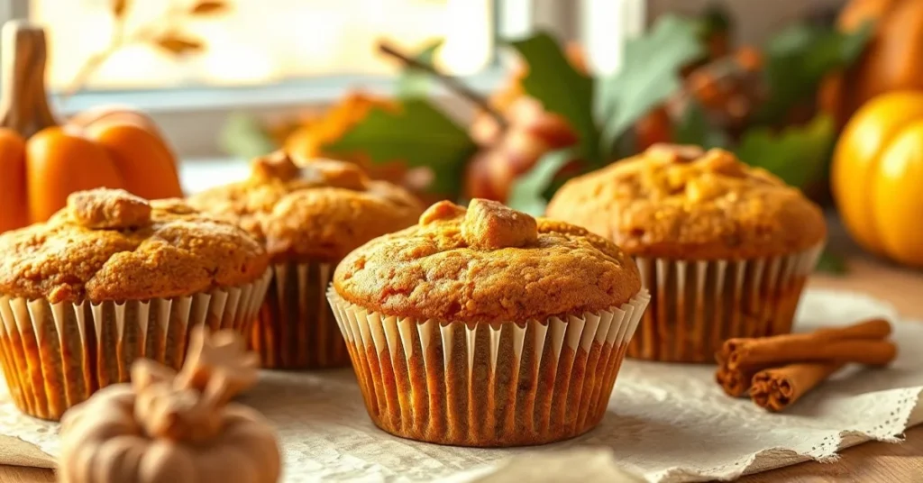 Delicious pumpkin spice latte muffins freshly baked, golden brown tops, autumn orange pumpkin puree, cinnamon spice aromatic,