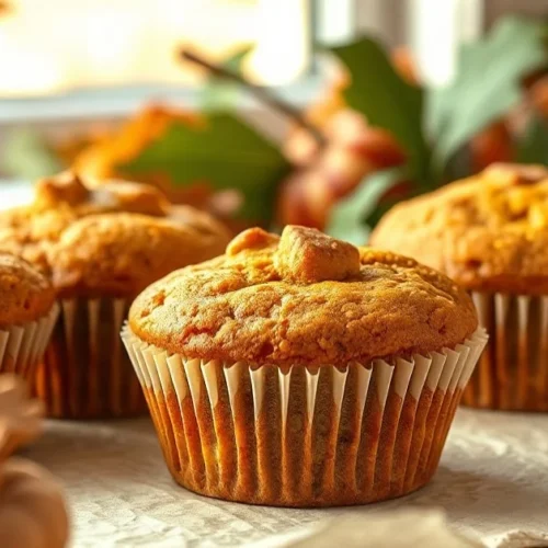 Delicious pumpkin spice latte muffins freshly baked, golden brown tops, autumn orange pumpkin puree, cinnamon spice aromatic,