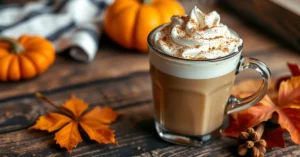 Delicious Pumpkin Spice Latte with whipped cream topping, cinnamon sprinkle, warm autumn colors, steaming cup on rustic wood