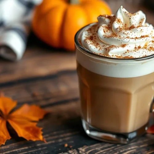 Delicious Pumpkin Spice Latte with whipped cream topping, cinnamon sprinkle, warm autumn colors, steaming cup on rustic wood