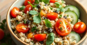 Delicious quinoa tabbouleh salad with fresh herbs, cherry tomatoes, and cucumber, Mediterranean style, vibrant fresh vegetabl