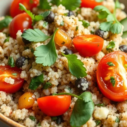 Delicious quinoa tabbouleh salad with fresh herbs, cherry tomatoes, and cucumber, Mediterranean style, vibrant fresh vegetabl