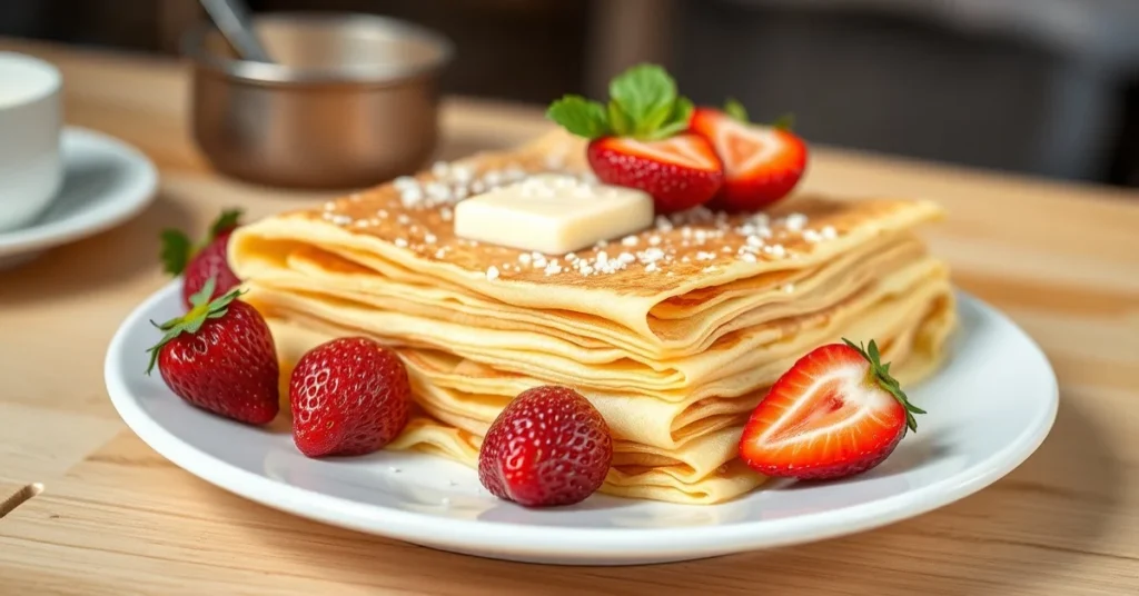 Delicious traditional Breton crepes stacked on white plate with butter and fresh strawberries, warm lighting, authentic Frenc