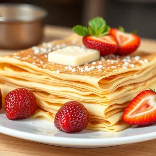 Delicious traditional Breton crepes stacked on white plate with butter and fresh strawberries, warm lighting, authentic Frenc