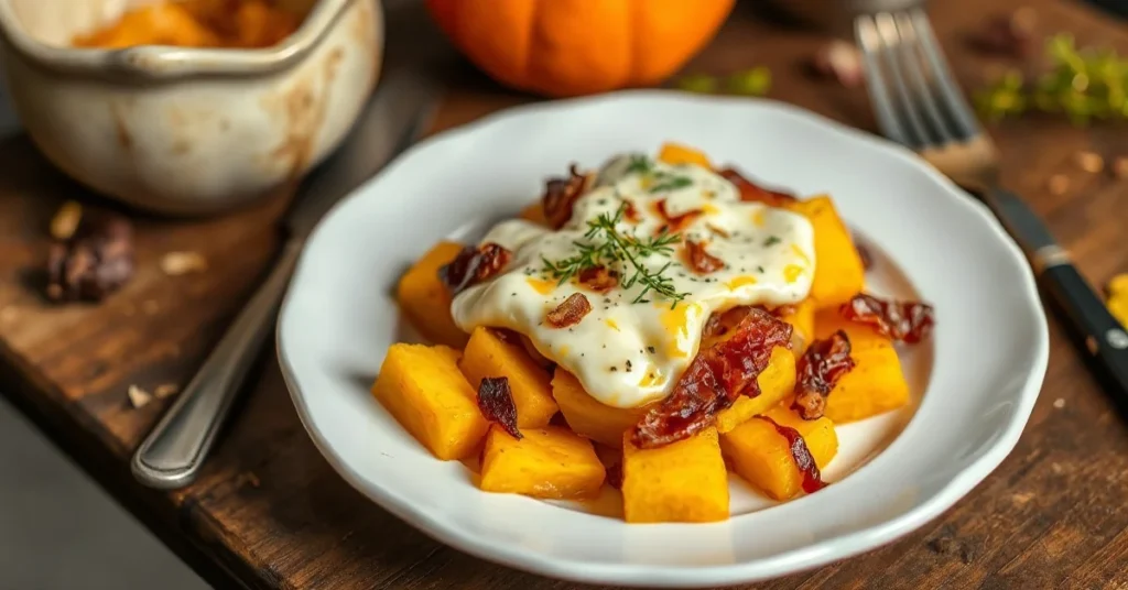 Delicious warm tartiflette with pumpkin, melted reblochon cheese, golden potatoes, crispy lardons, rustic presentation on whi