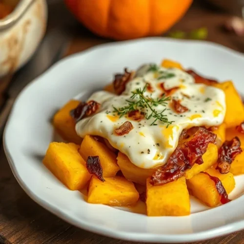 Delicious warm tartiflette with pumpkin, melted reblochon cheese, golden potatoes, crispy lardons, rustic presentation on whi