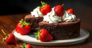 Elegant chocolate strawberry cake with fresh red strawberries and whipped cream on dark chocolate sponge base, professional f