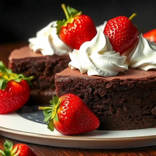 Elegant chocolate strawberry cake with fresh red strawberries and whipped cream on dark chocolate sponge base, professional f