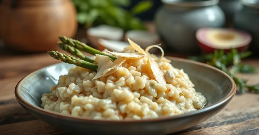 Elegant creamy risotto with white asparagus tips, fresh Parmesan shavings, garnished with olive oil, spring kitchen atmospher