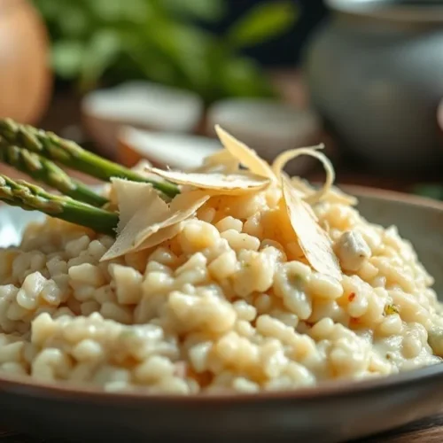 Elegant creamy risotto with white asparagus tips, fresh Parmesan shavings, garnished with olive oil, spring kitchen atmospher